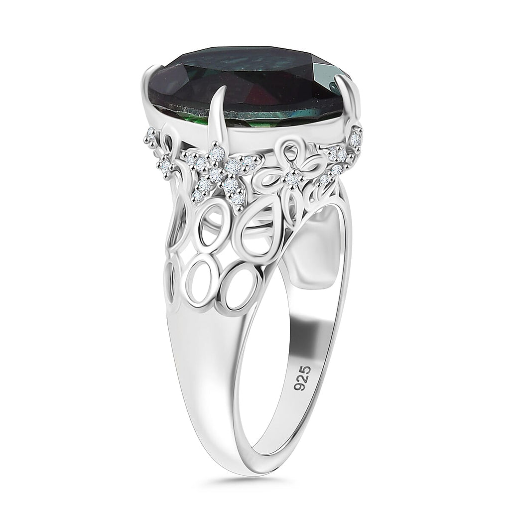 Alexandrite Triplet Quartz, White Zircon Cluster Ring in Rhodium Overlay Sterling Silver 6.53 Ct.