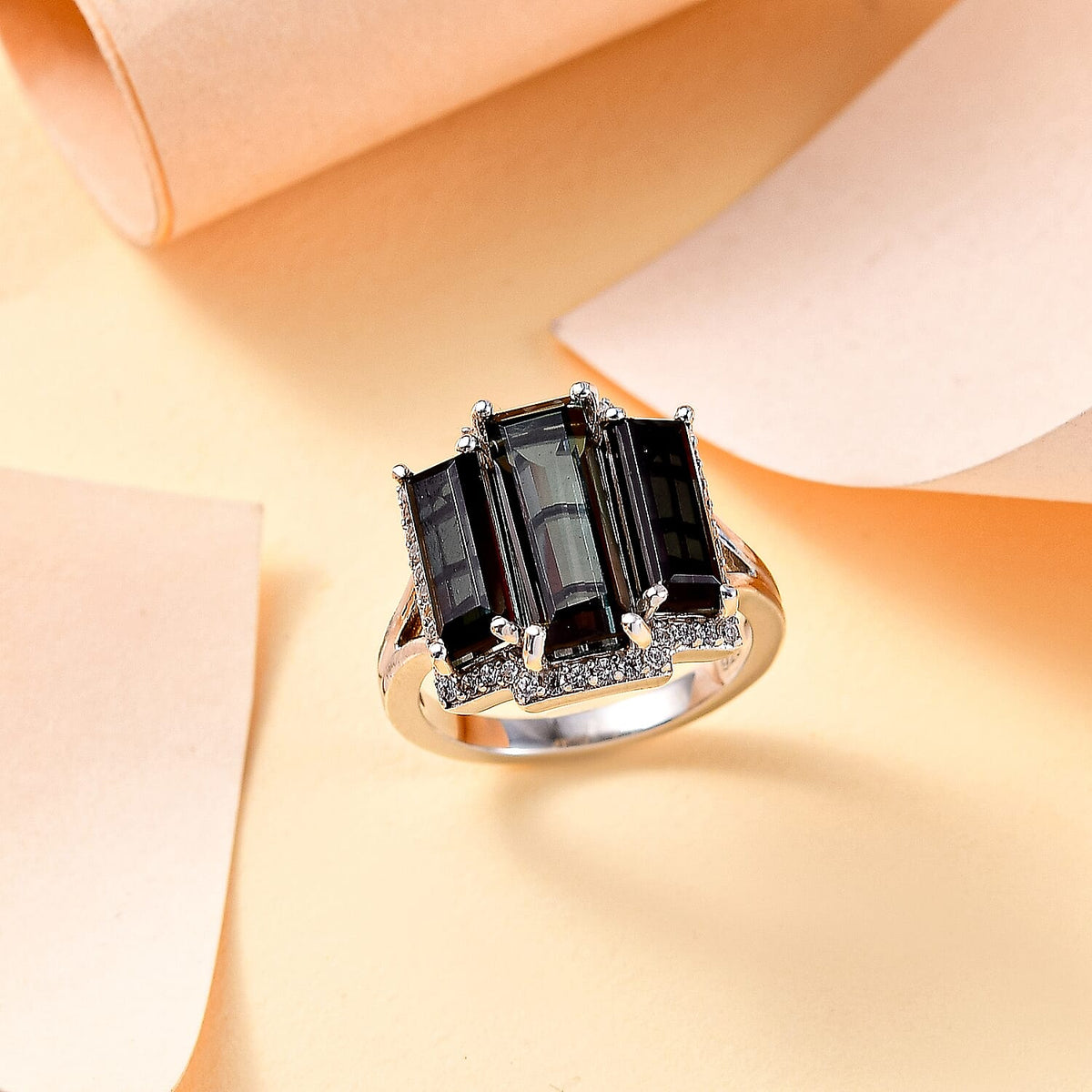Alexandrite Triplet Quartz,  White Zircon Trilogy Ring in Rhodium Overlay Sterling Silver 7954757 1