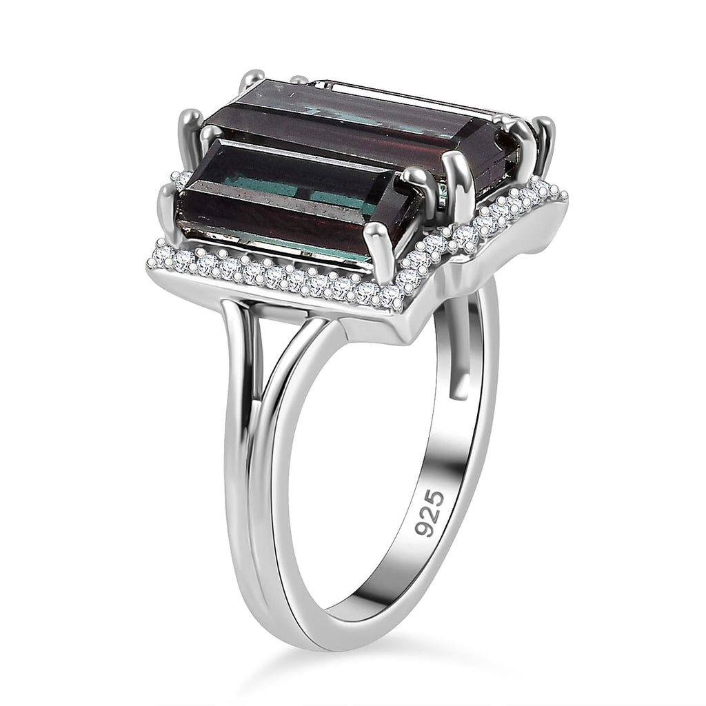 Alexandrite Triplet Quartz, White Zircon Trilogy Ring in Rhodium Overlay Sterling Silver 5.58 Ct.