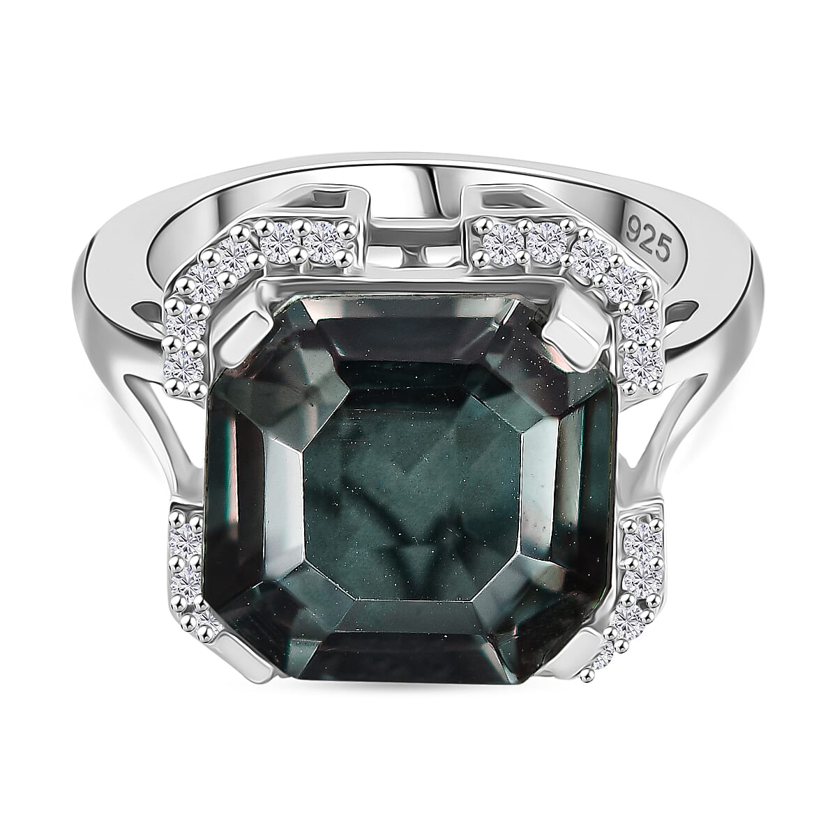 Art Deco Inspired - Alexandrite Triplet Quartz, White Zircon Ring in Rhodium Overlay Sterling Silver 7936151 0