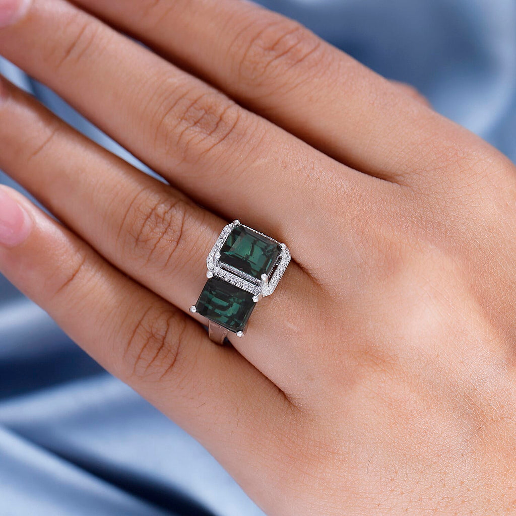 Alexandrite Triplet Quartz, White Zircon Ring in Rhodium Overlay Sterling Silver 5.79 Ct.