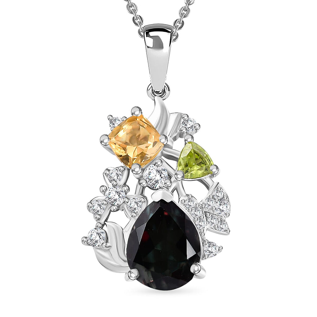 Alexandrite Triplet Quartz, White Zircon, Peridot, Citrine Pendant with Chain (Size 20) in Rhodium Overlay Sterling Silver 3.86 Ct.