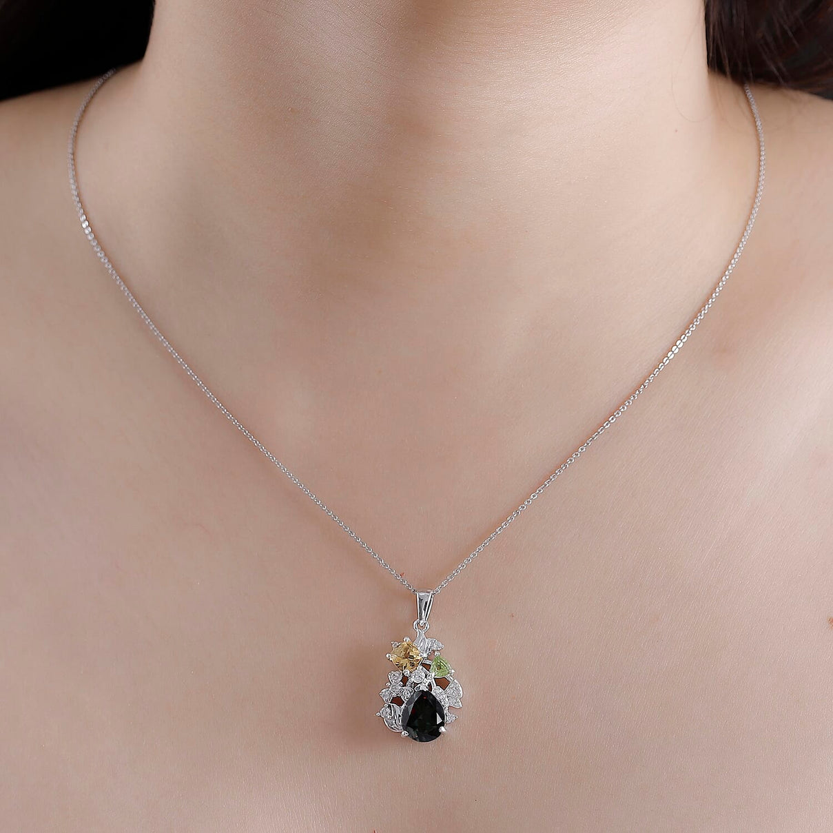 Alexandrite Triplet Quartz, White Zircon, Peridot, Citrine Garden Pendant with Chain (Size 20) in Rhodium Overlay Sterling Silver 4320097 2