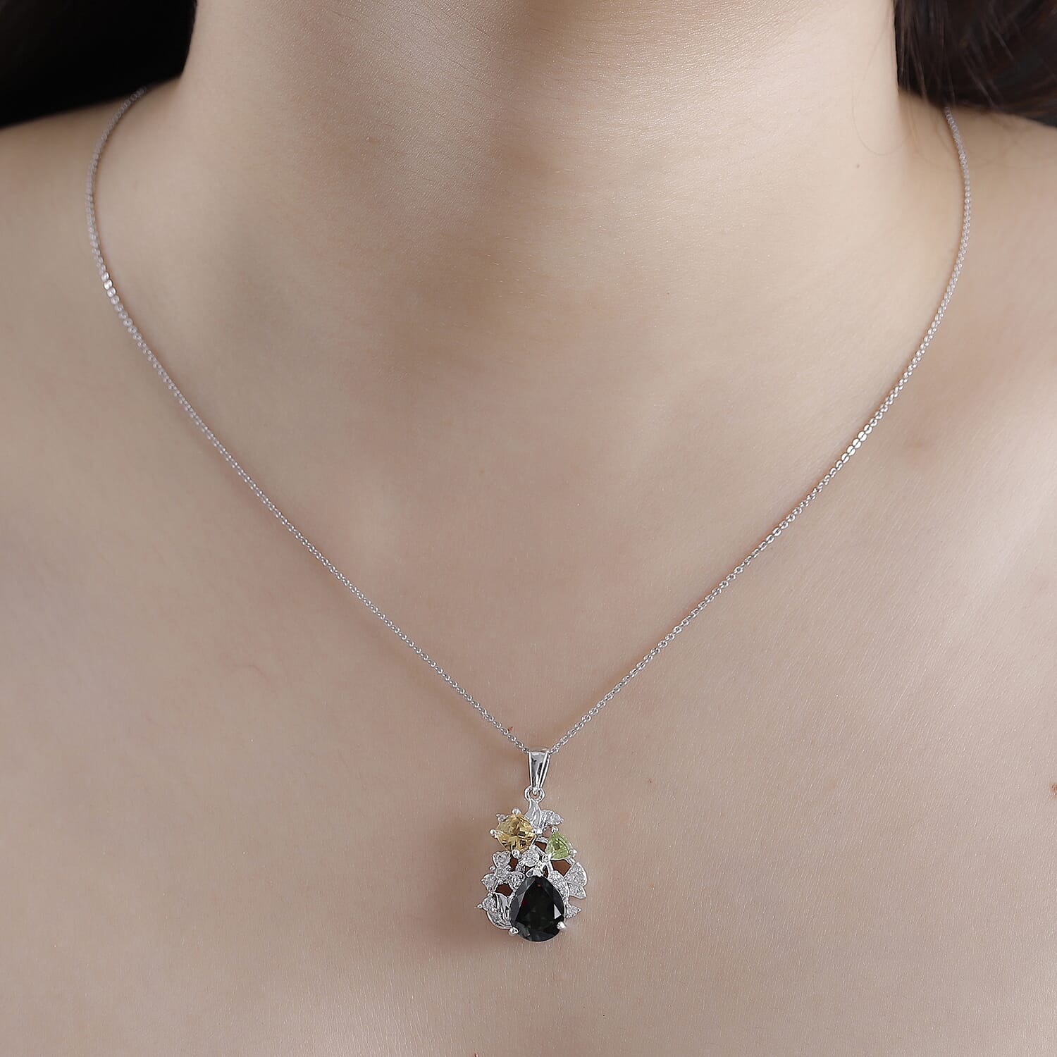 Alexandrite Triplet Quartz, White Zircon, Peridot, Citrine Garden Pendant with Chain (Size 20) in Rhodium Overlay Sterling Silver 4320097 2