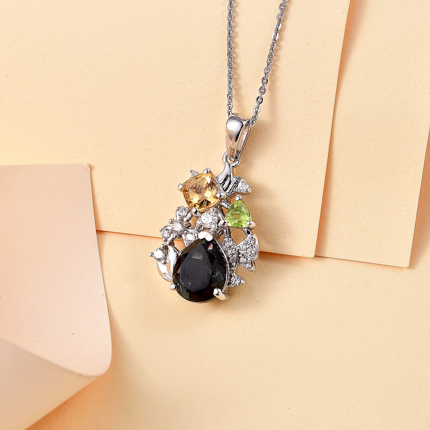 Alexandrite Triplet Quartz, White Zircon, Peridot, Citrine Garden Pendant with Chain (Size 20) in Rhodium Overlay Sterling Silver 4320097 3