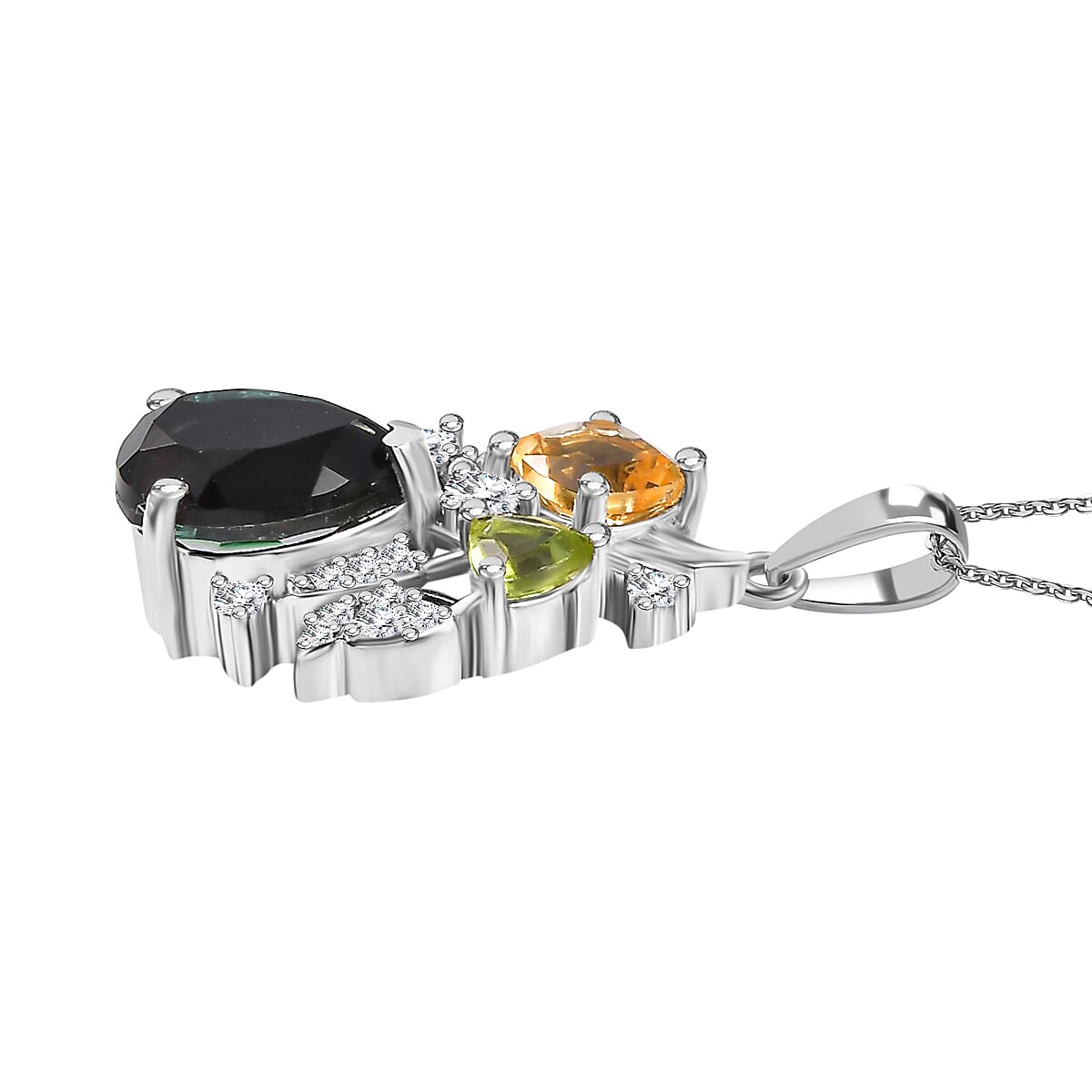Alexandrite Triplet Quartz, White Zircon, Peridot, Citrine Garden Pendant with Chain (Size 20) in Rhodium Overlay Sterling Silver 4320097 4