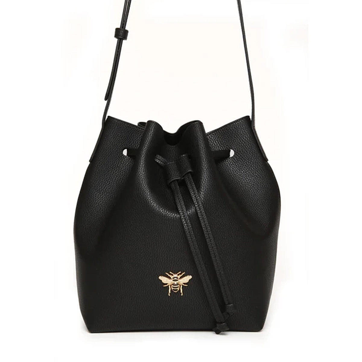 Alice Wheeler Vegan Leather Bucket Shoulder Bag with Drawstring &amp; Bee Emblem - Black 8181856 0