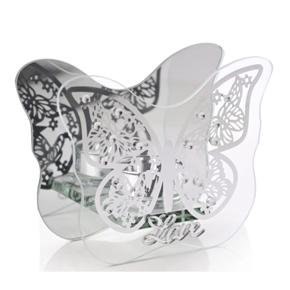 Always &amp; Forever Butterfly Glass Tea Light Holder with Love Detail - Silver 8178409 0