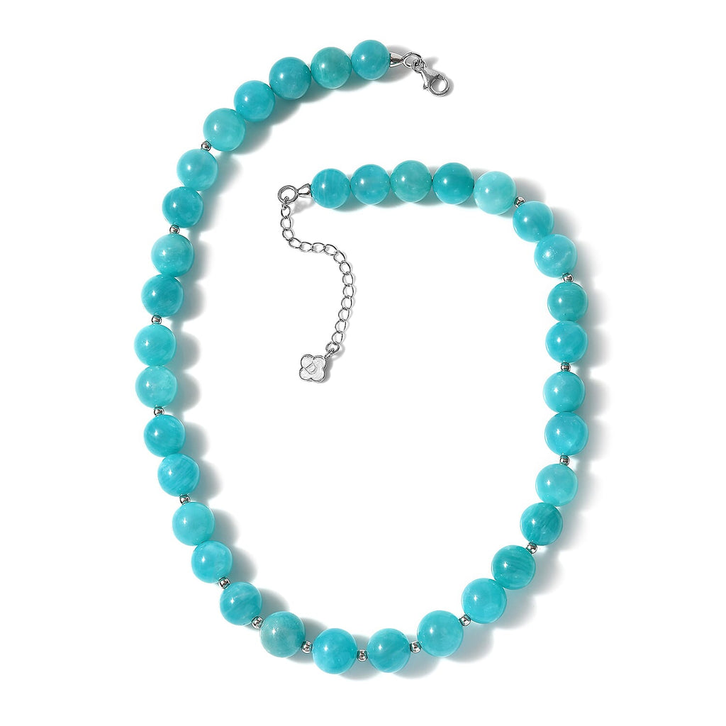 Collecters Edition - Amazonite Beads Necklace (Size - 18) in Rhodium Overlay Sterling Silver 350.00 Ct.