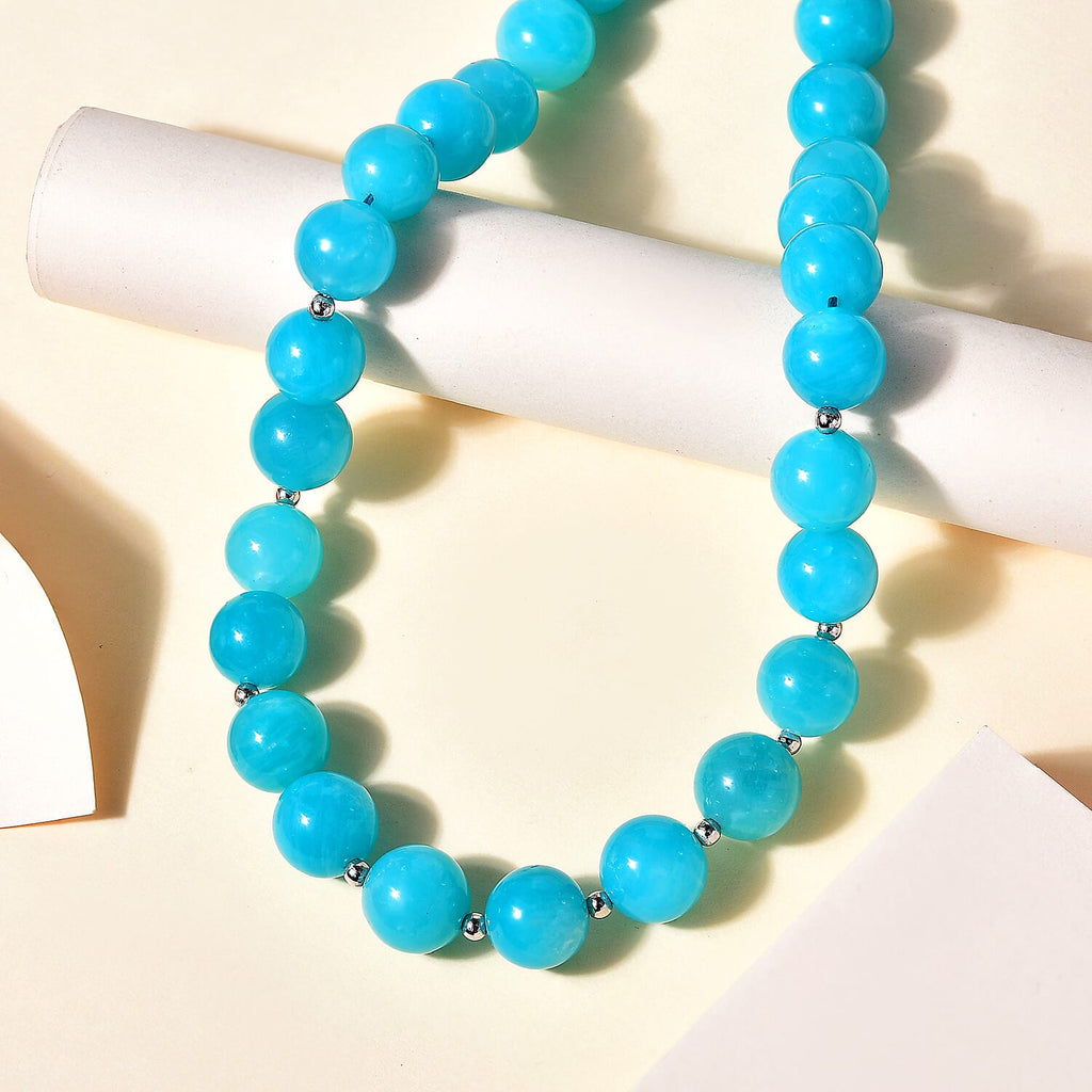 Collecters Edition - Amazonite Beads Necklace (Size - 18) in Rhodium Overlay Sterling Silver 350.00 Ct.