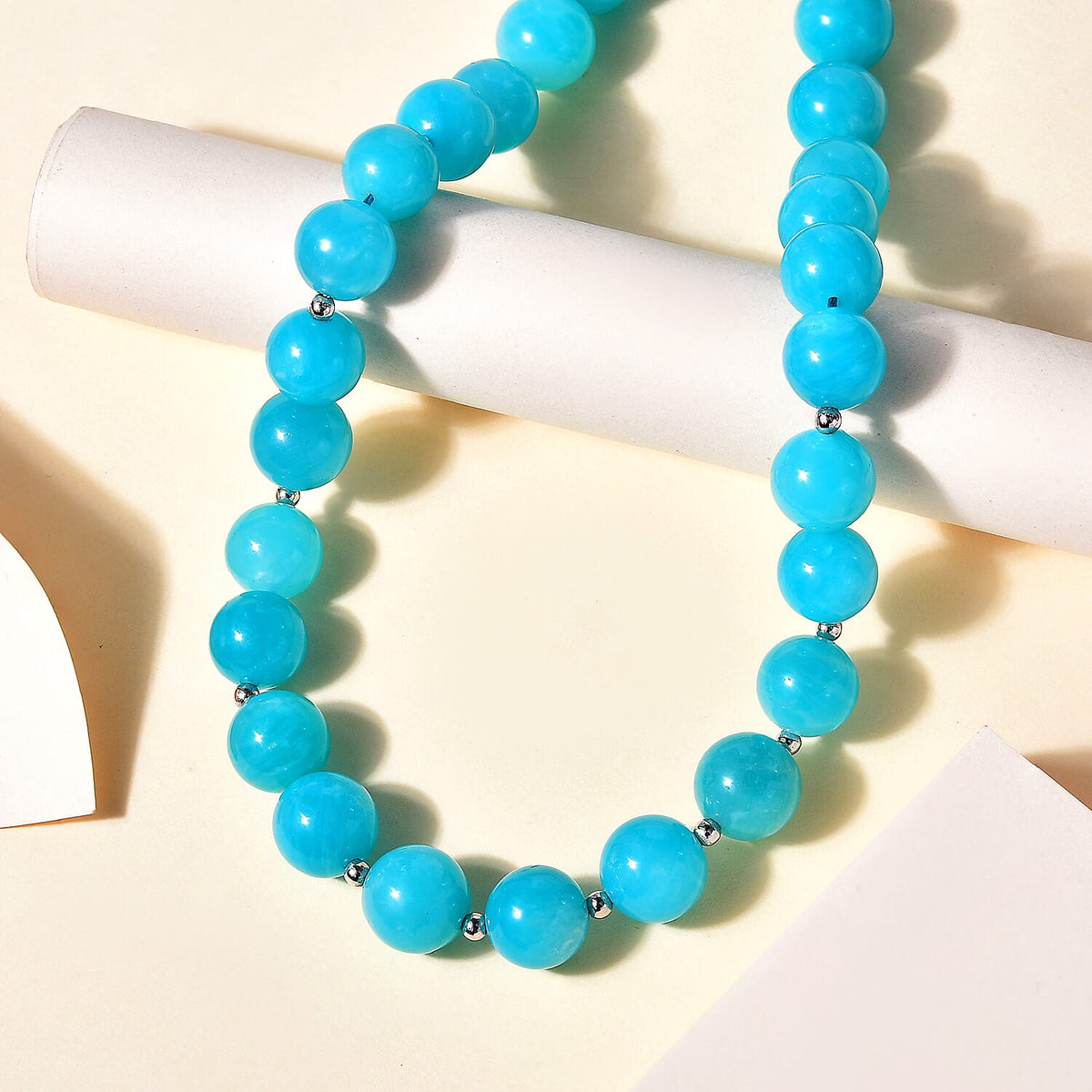 Collecters Edition - Amazonite Beads Necklace (Size - 18) in Rhodium Overlay Sterling Silver 350.00 Ct. 7798243 2
