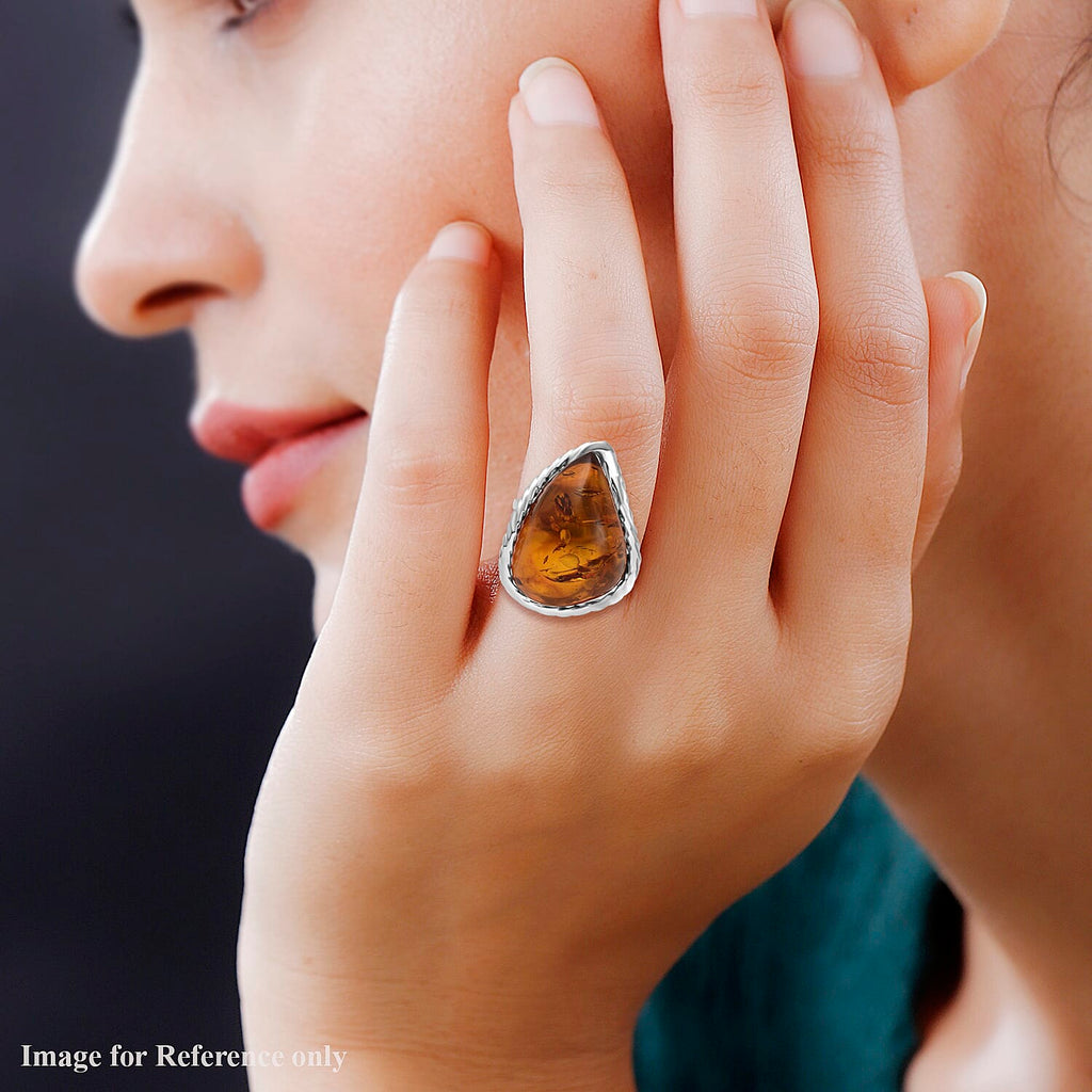 Amber Beads Adjustable Ring in Sterling Silver 40.00 Ct, Silver Wt 7.50 Gms