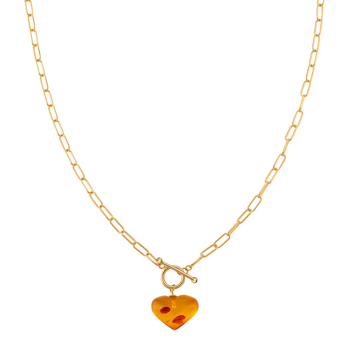 Close Out Deal - Heart Shape Amber Necklace (Size 20) with T-Bar Clasp in Yellow Gold Overlay Sterling Silver 8228104 0