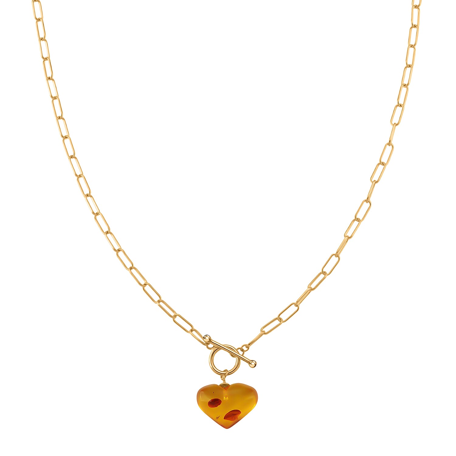 Close Out Deal - Heart Shape Amber Necklace (Size 20) with T-Bar Clasp in Yellow Gold Overlay Sterling Silver 8228104 0