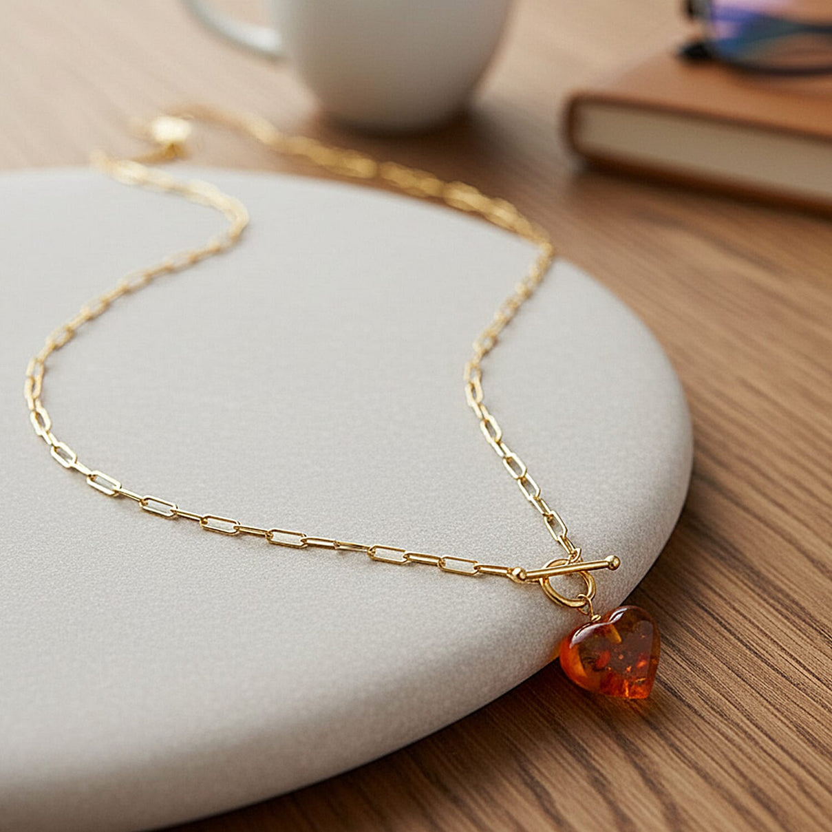 Close Out Deal - Heart Shape Amber Necklace (Size 20) with T-Bar Clasp in Yellow Gold Overlay Sterling Silver 8228104 2
