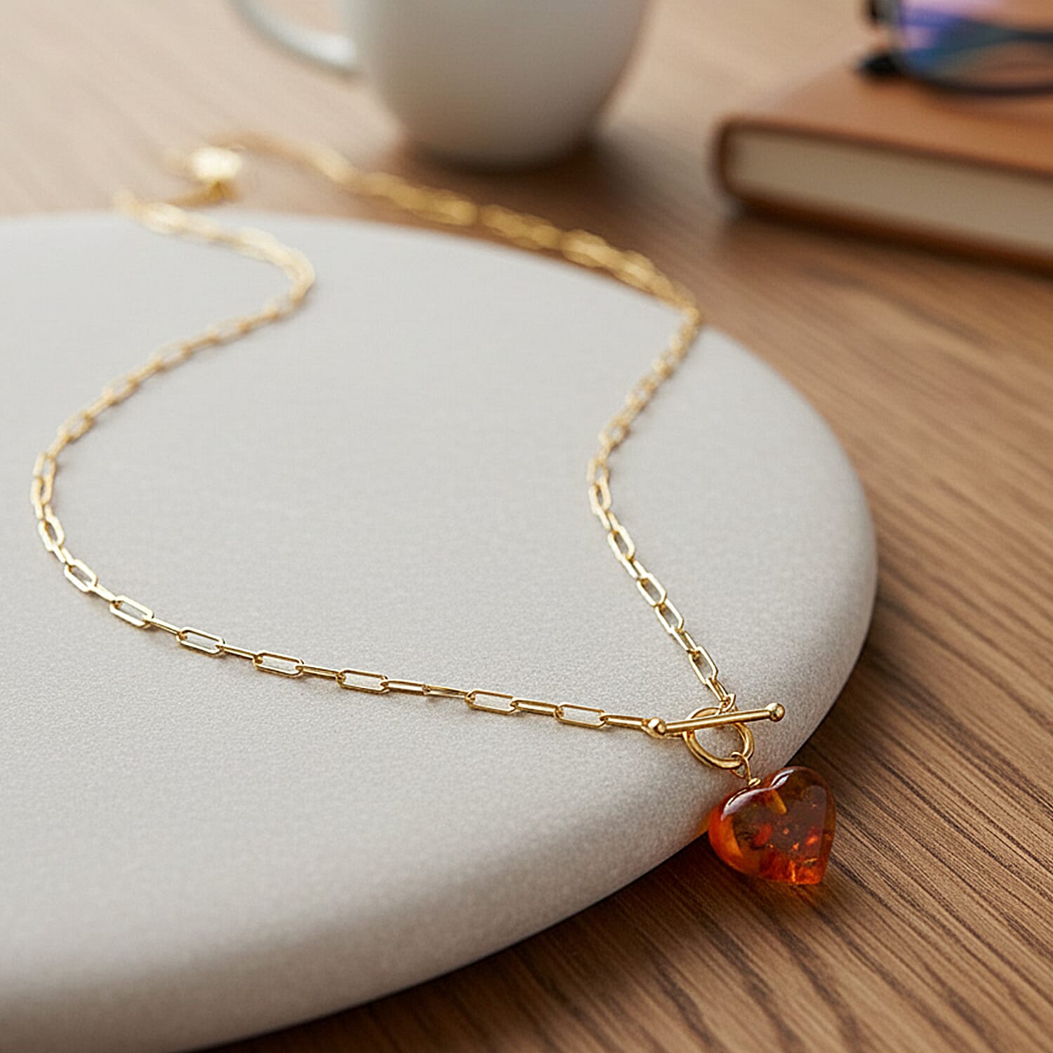 Close Out Deal - Heart Shape Amber Necklace (Size 20) with T-Bar Clasp in Yellow Gold Overlay Sterling Silver 8228104 2
