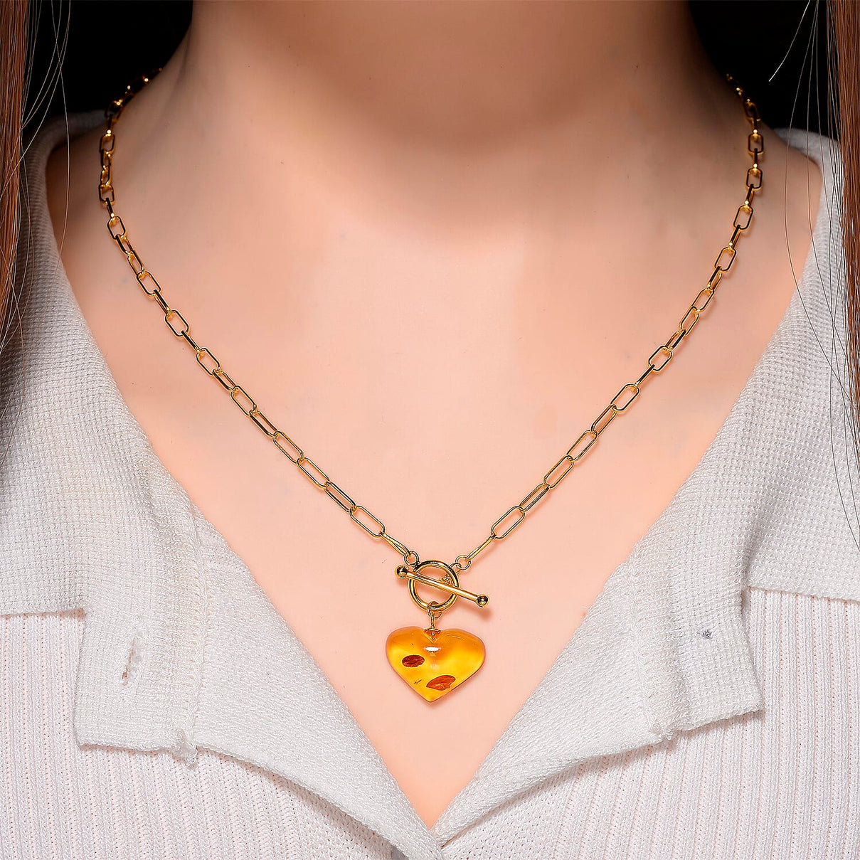 Close Out Deal - Heart Shape Amber Necklace (Size 20) with T-Bar Clasp in Yellow Gold Overlay Sterling Silver 8228104 3