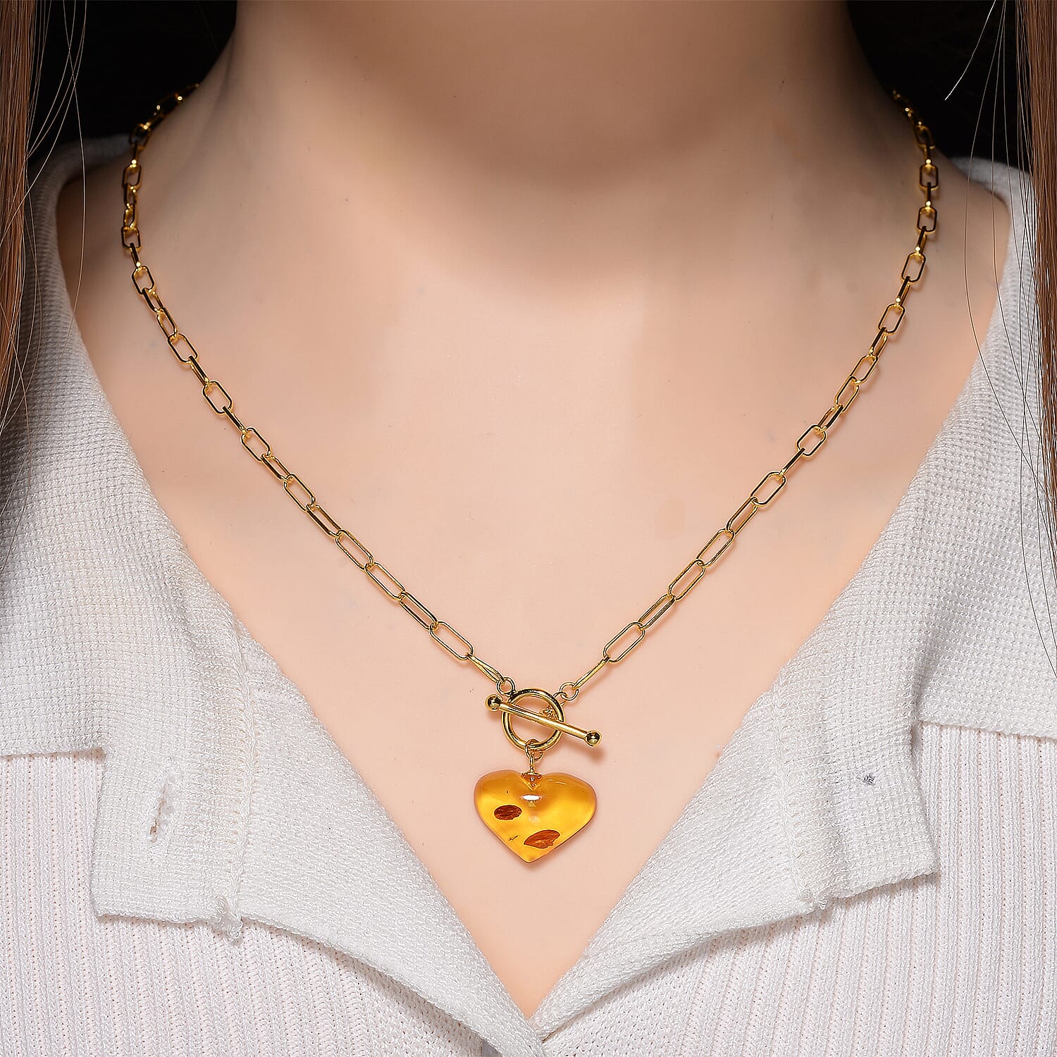 Close Out Deal - Heart Shape Amber Necklace (Size 20) with T-Bar Clasp in Yellow Gold Overlay Sterling Silver 8228104 3