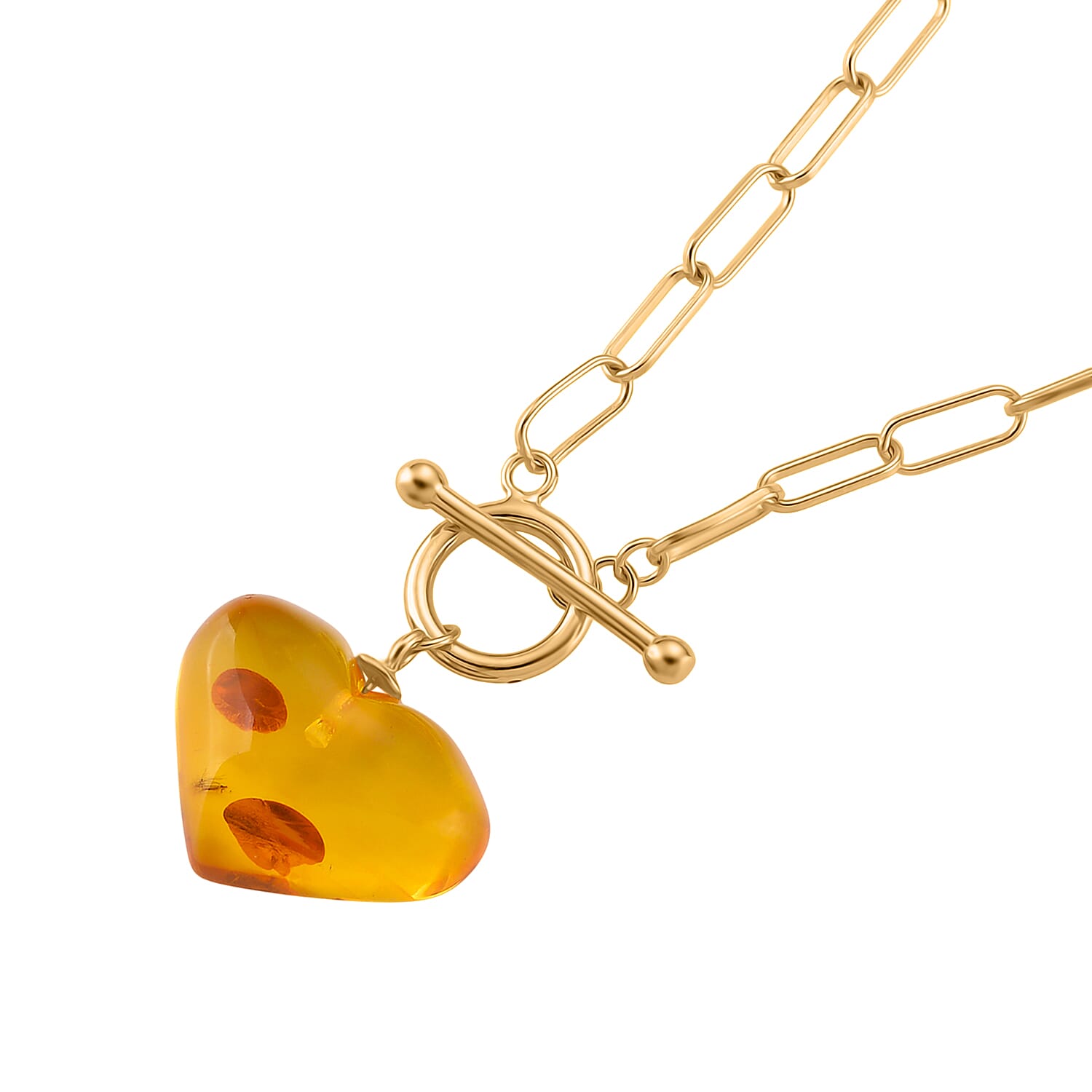 Close Out Deal - Heart Shape Amber Necklace (Size 20) with T-Bar Clasp in Yellow Gold Overlay Sterling Silver 8228104 5