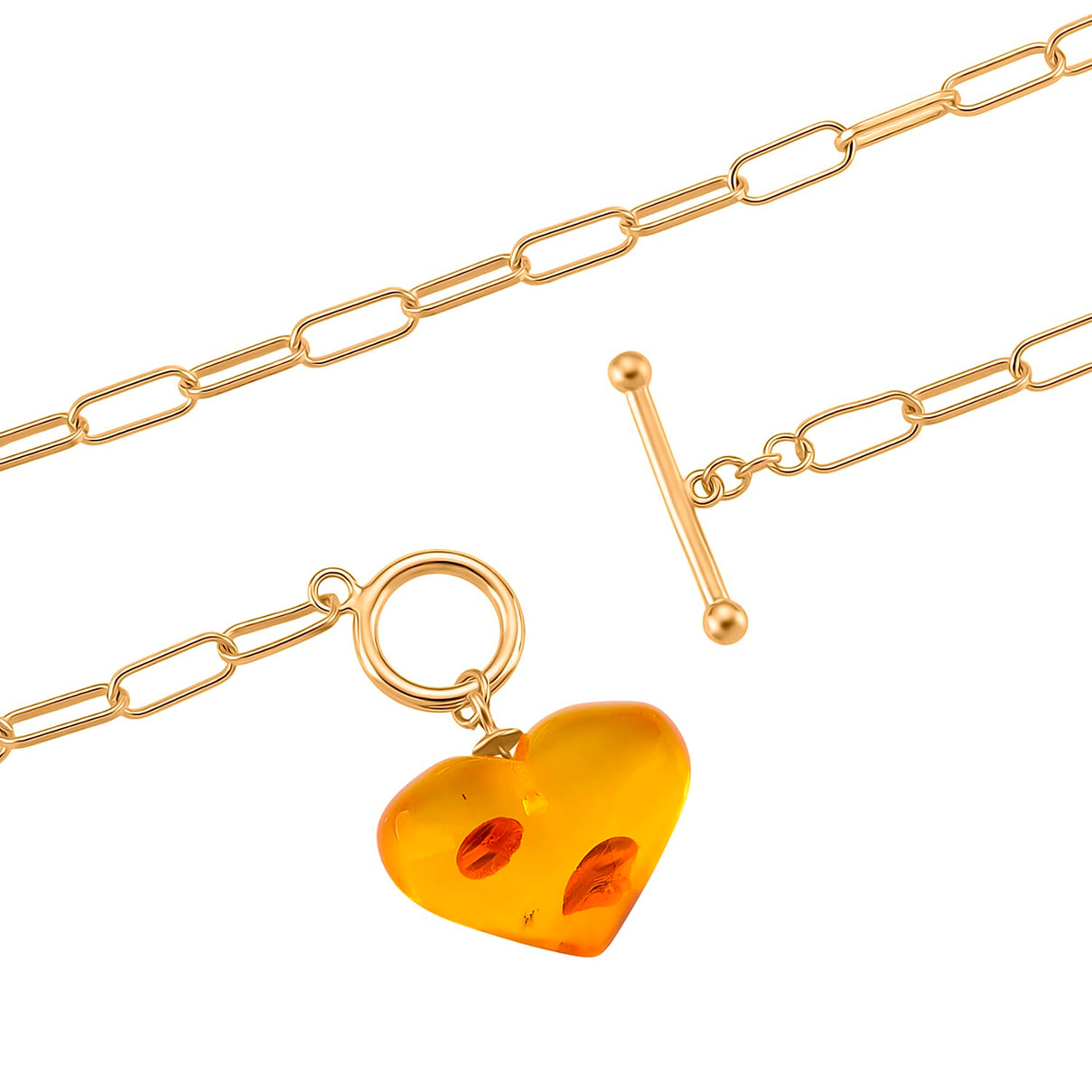 Close Out Deal - Heart Shape Amber Necklace (Size 20) with T-Bar Clasp in Yellow Gold Overlay Sterling Silver 8228104 6