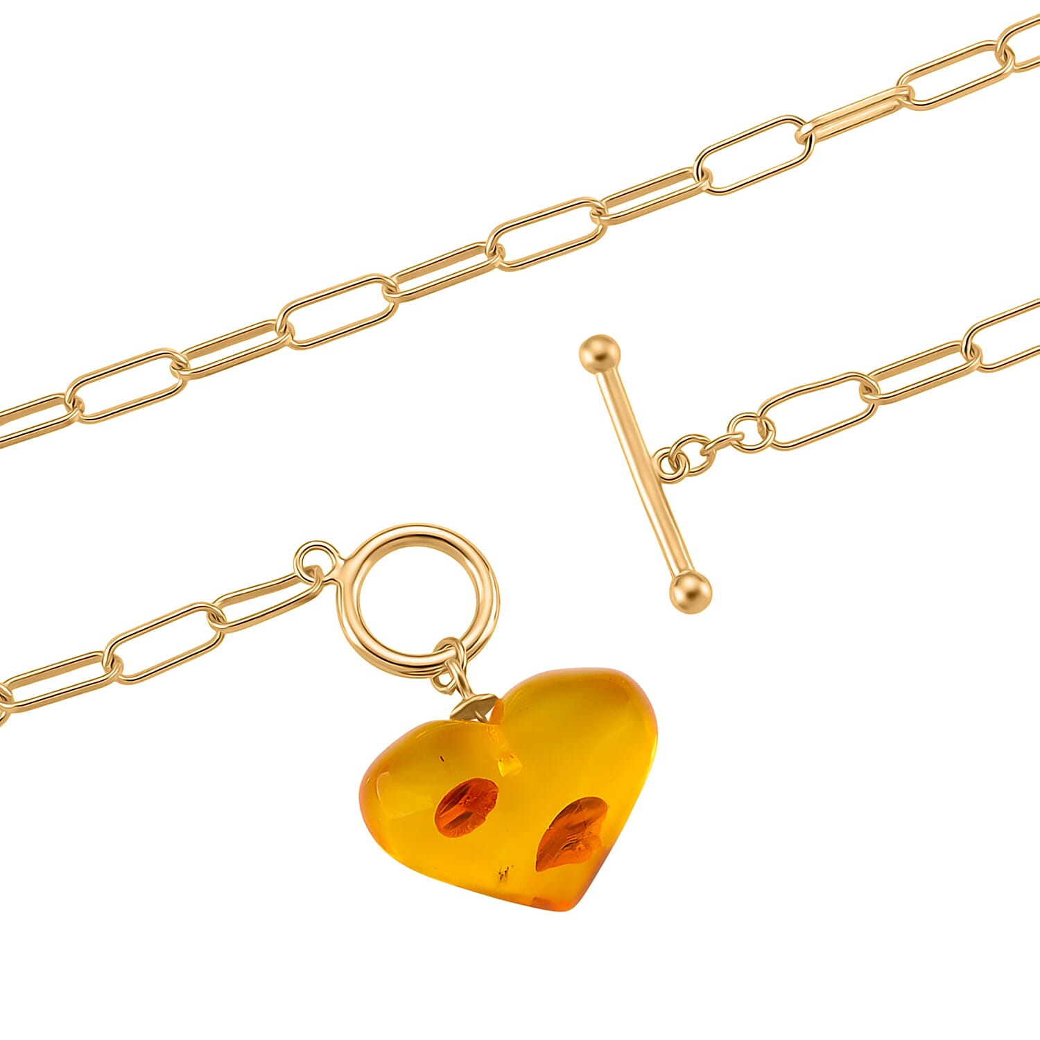Close Out Deal - Heart Shape Amber Necklace (Size 20) with T-Bar Clasp in Yellow Gold Overlay Sterling Silver 8228104 6