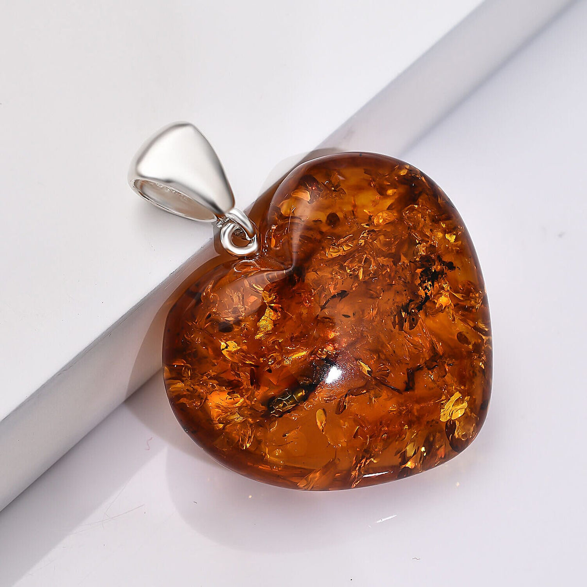 Tucson Special- Amber Heart Pendant in Rhodium Overlay Sterling Silver 7346873 1