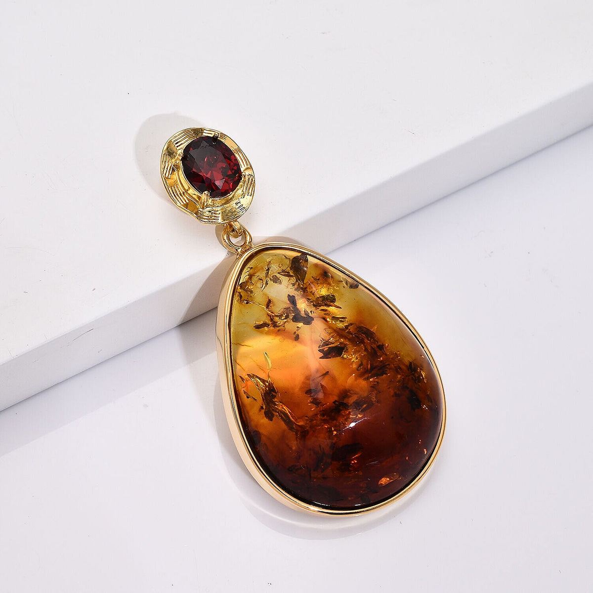 Tucson Special- Amber and Red Garnet Pendant in Yellow Gold Overlay Sterling Silver 7346887 2
