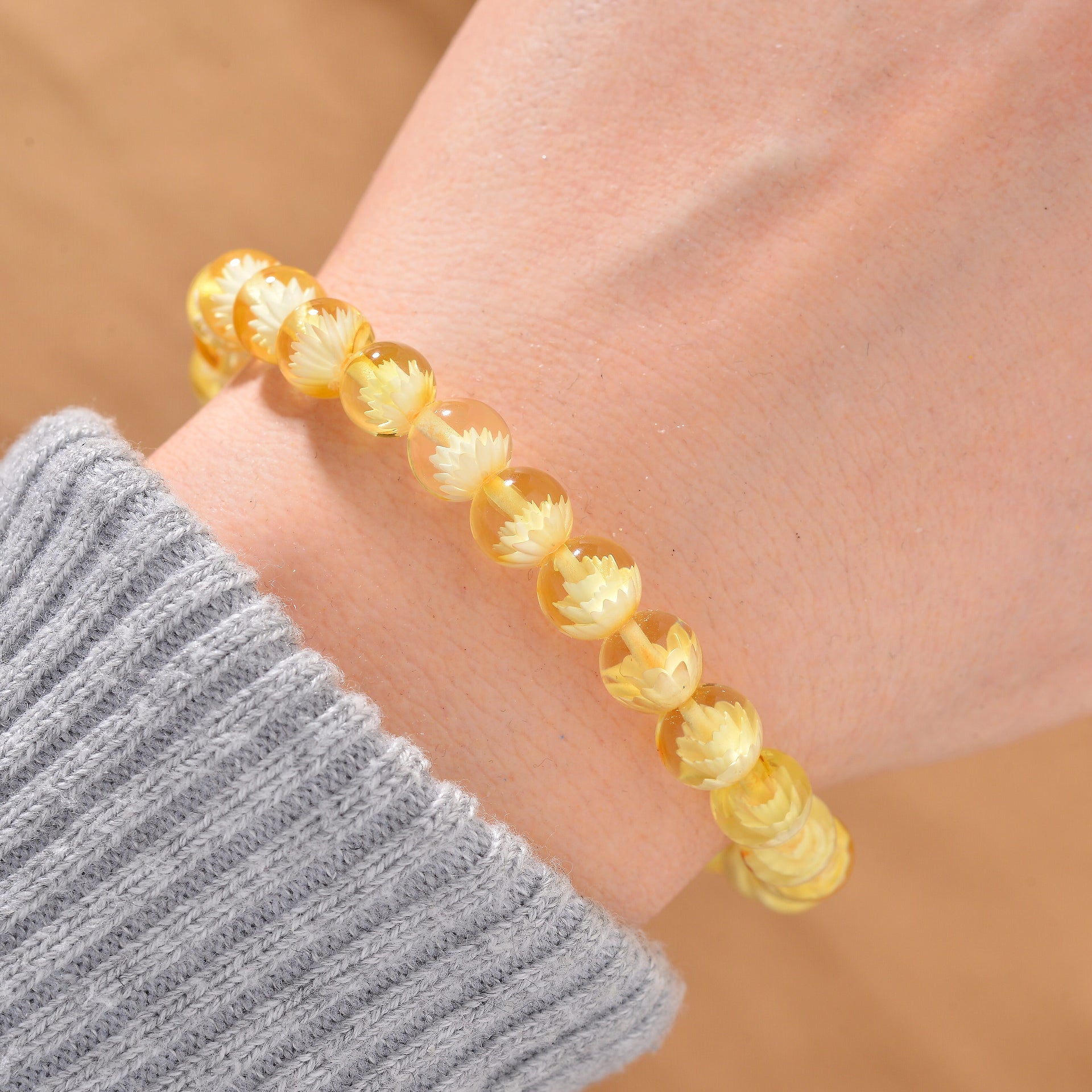 Lotus Carving Natural Amber Beads Stretchable Bracelet (Size - 7) 29.00 Ct. 8087154 2
