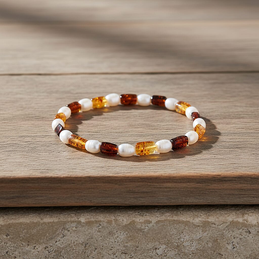 D'Joy Amber &amp; White Fresh Water Pearl Bracelet (Size - 7.5 Stretchable) 30.00 Ct. 8426675 2