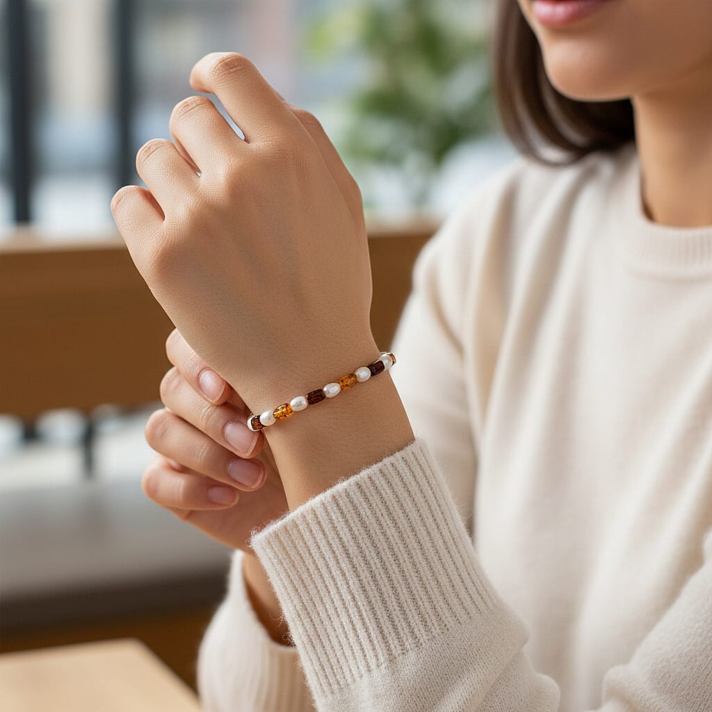 D'Joy Amber &amp; White Fresh Water Pearl Bracelet (Size - 7.5 Stretchable) 30.00 Ct. 8426675 3
