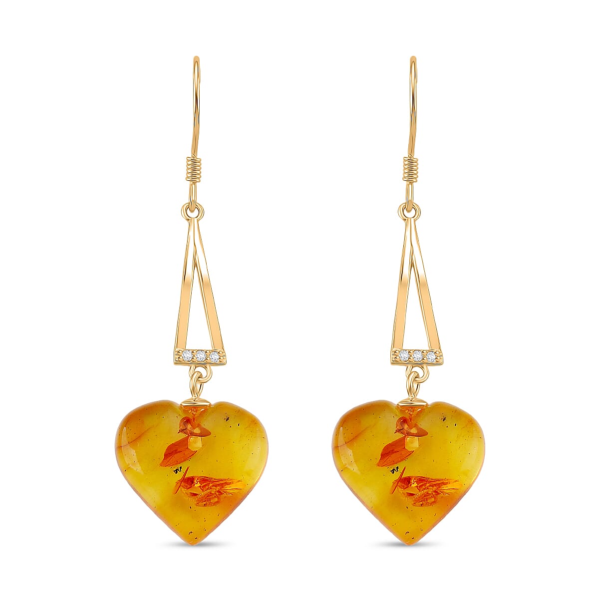 D'Joy Heart Shape Amber &amp; White Zircon Earring with Hook in Yellow Gold Plated Sterling Silver 4.71 Ct. 8228100 0