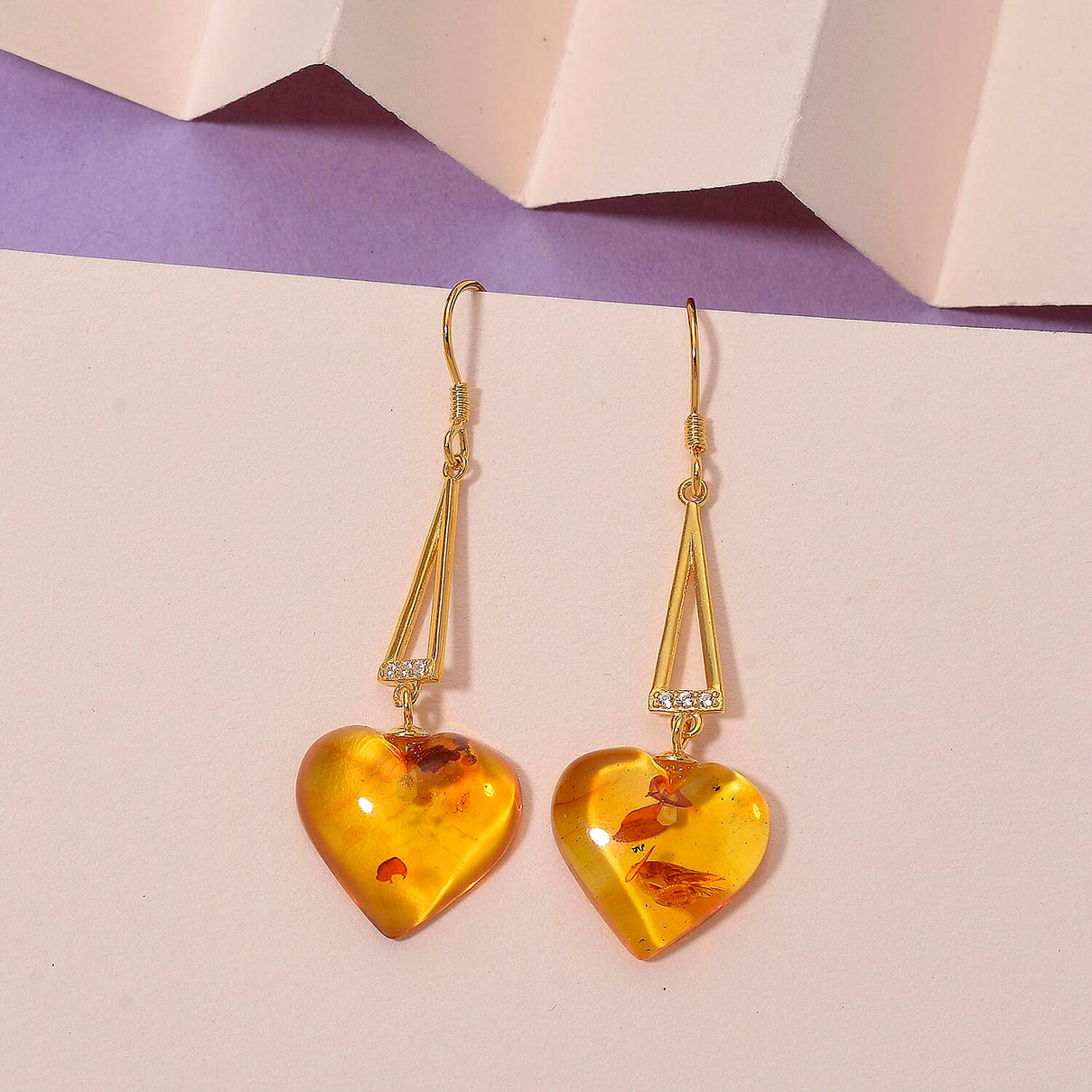 D'Joy Heart Shape Amber &amp; White Zircon Earring with Hook in Yellow Gold Plated Sterling Silver 4.71 Ct. 8228100 2