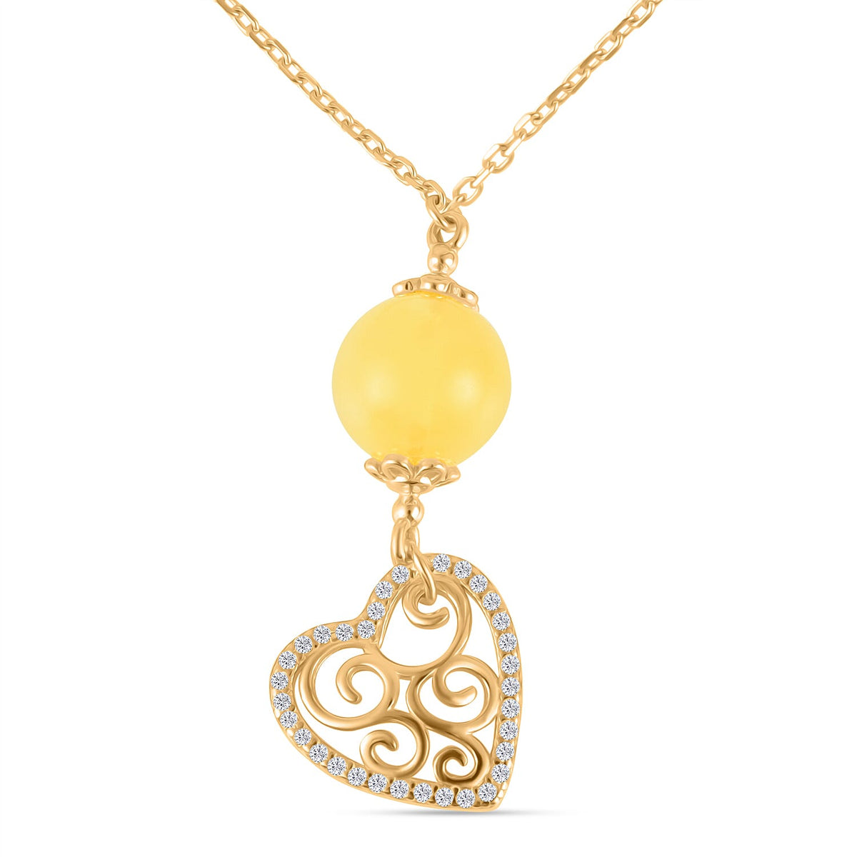 Butterscotch Amber &amp; White Zircon Necklace (Size - 16-2 Ext) in Gold Plated Sterling Silver 3.30 Ct. 8059604 0
