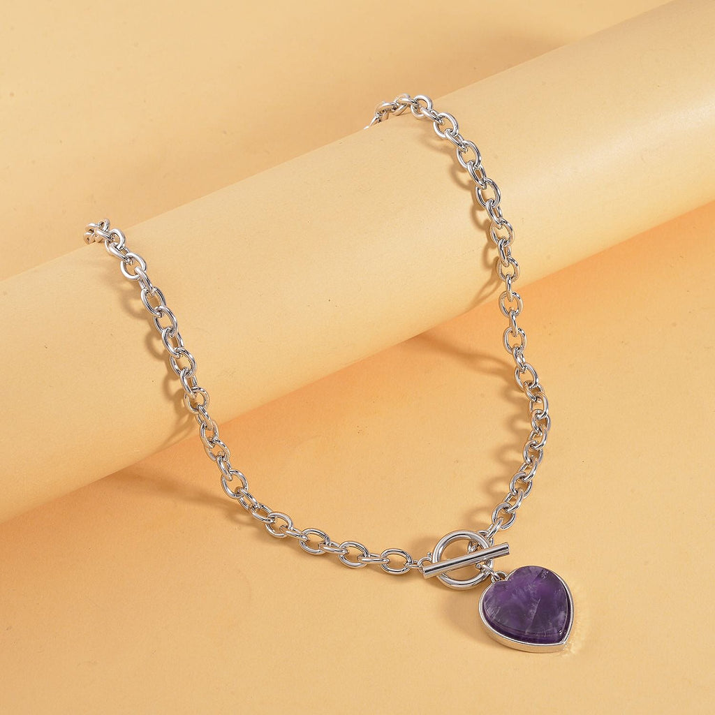 Amethyst Flat Heart Charm Toggle Lock Necklace (Size - 20)