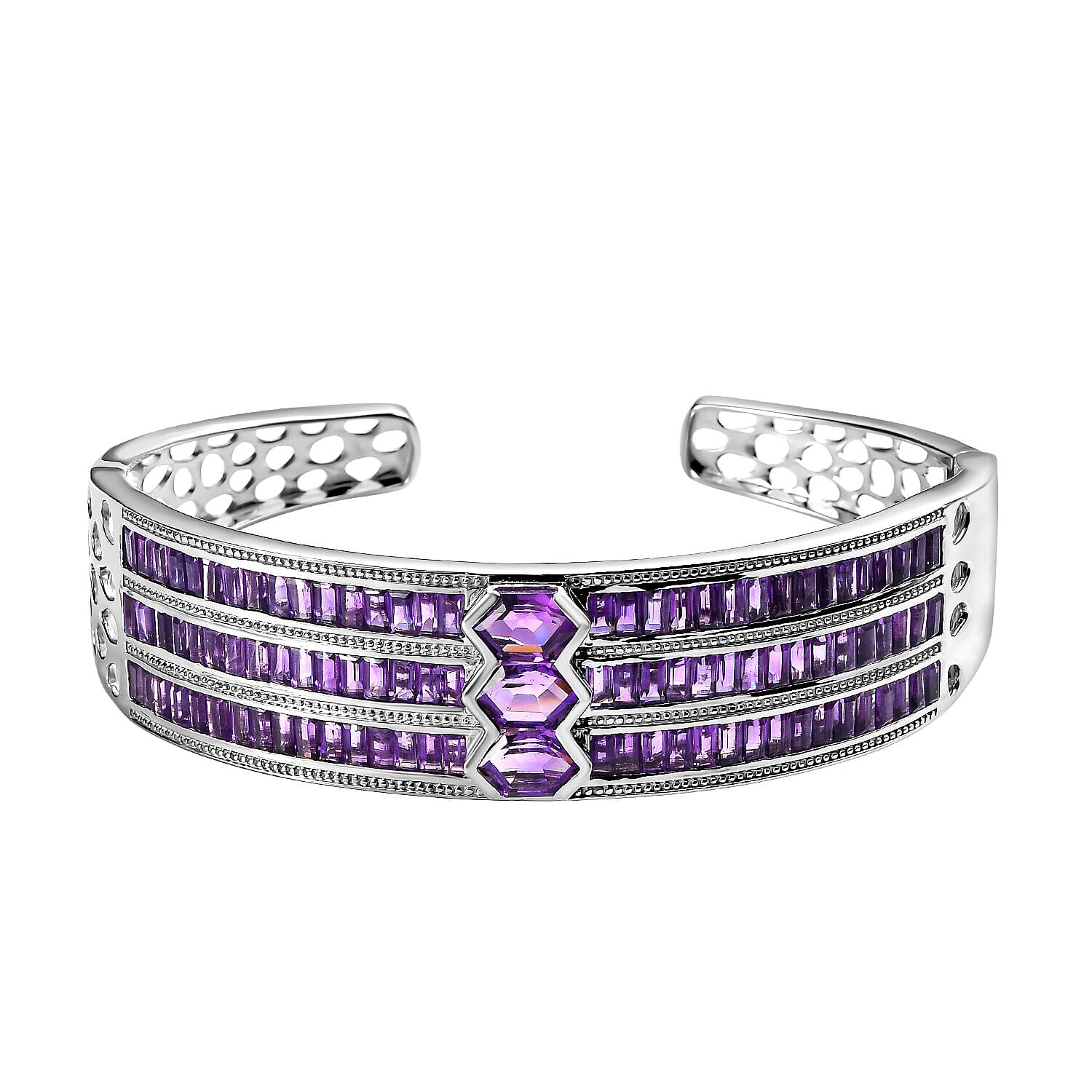 Amethyst Cuff Bangle (Size - 7.5) in Platinum Overlay Sterling Silver 16.29 Ct, Silver Wt. 34.25 Gms. 7167944 0