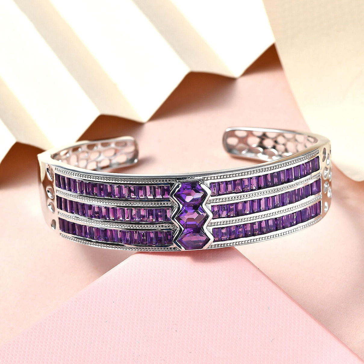 Amethyst Cuff Bangle (Size - 7.5) in Platinum Overlay Sterling Silver 16.29 Ct, Silver Wt. 34.25 Gms. 7167944 2