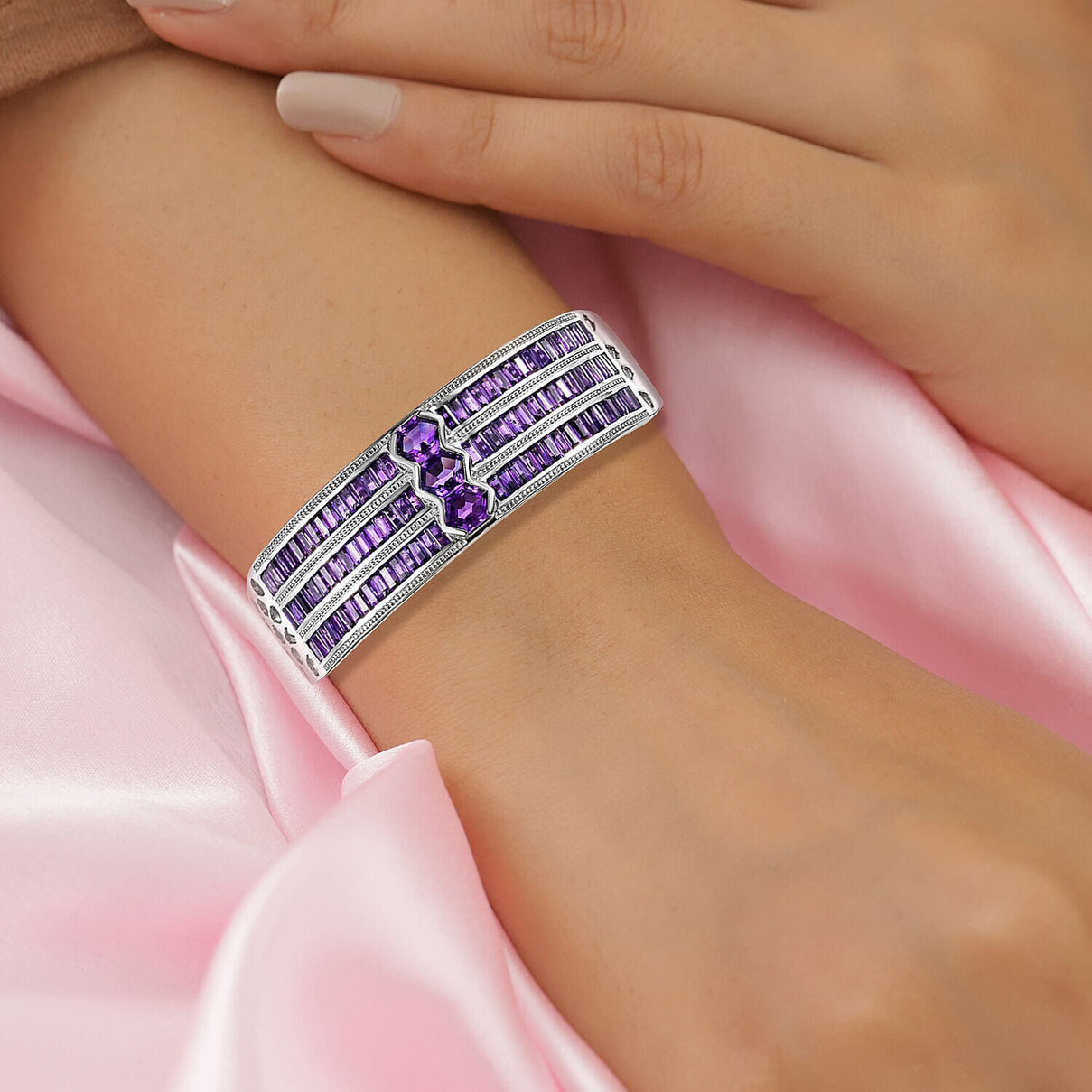 Amethyst Cuff Bangle (Size - 7.5) in Platinum Overlay Sterling Silver 16.29 Ct, Silver Wt. 34.25 Gms. 7167944 3