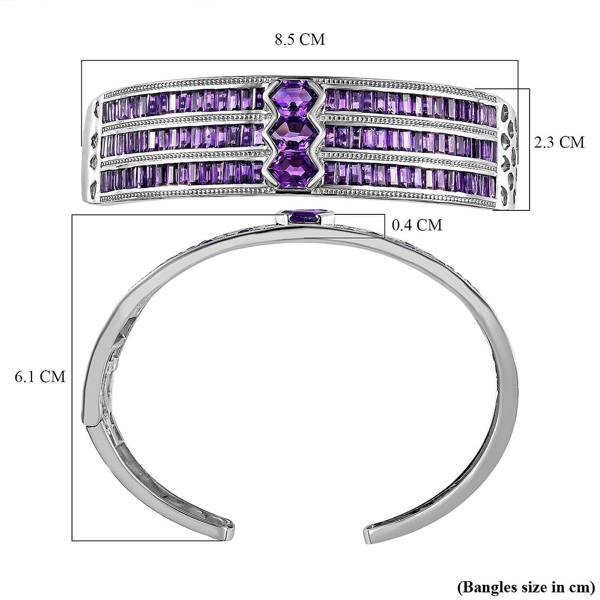 Amethyst Cuff Bangle (Size - 7.5) in Platinum Overlay Sterling Silver 16.29 Ct, Silver Wt. 34.25 Gms. 7167944 6