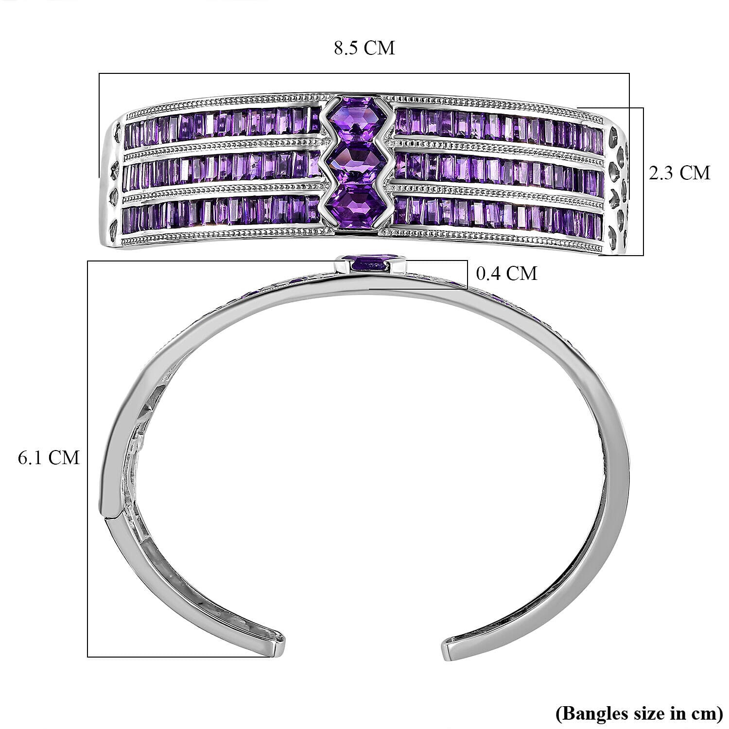 Amethyst Cuff Bangle (Size - 7.5) in Platinum Overlay Sterling Silver 16.29 Ct, Silver Wt. 34.25 Gms. 7167944 6