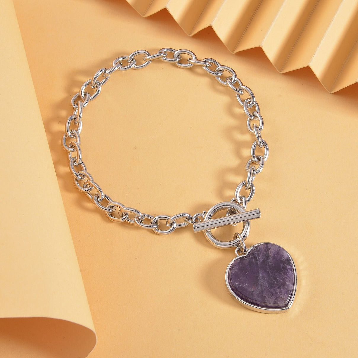Amethyst Flat Heart Charm Toggle Lock Bracelet (Size - 7.5) 7618588 1