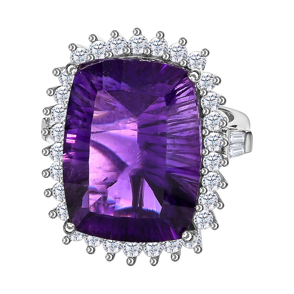 TJC Launch Concave Cut Amethyst &amp; Natural Zircon Ring in Platinum Overlay Sterling Silver 20.32 Ct, Silver Wt. 5.63 Gms. 7522906 0