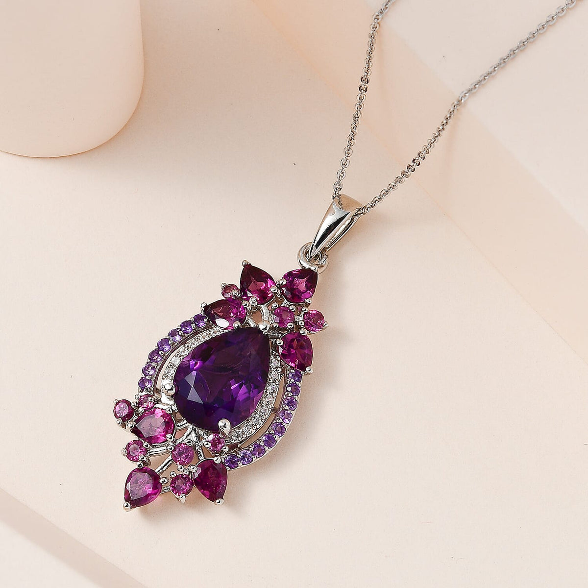 Amethyst, Rhodolite Garnet and Natural Zircon Pendant with Chain (Size 20) in Platinum Overlay Sterling Silver 8.56 Ct, Silver Wt. 5.42 Gms. 4167740 3