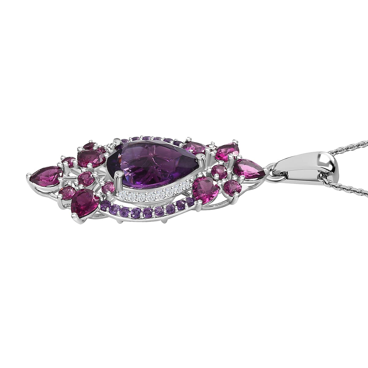 Amethyst, Rhodolite Garnet and Natural Zircon Pendant with Chain (Size 20) in Platinum Overlay Sterling Silver 8.56 Ct, Silver Wt. 5.42 Gms. 4167740 4