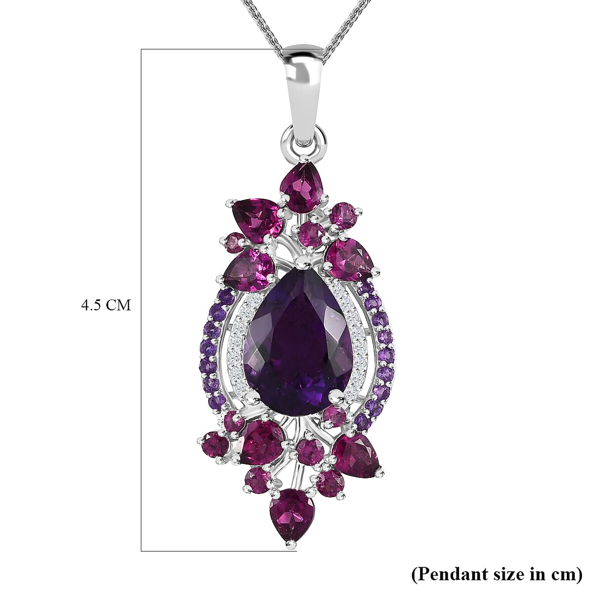Amethyst, Rhodolite Garnet and Natural Zircon Pendant with Chain (Size 20) in Platinum Overlay Sterling Silver 8.56 Ct, Silver Wt. 5.42 Gms. 4167740 6