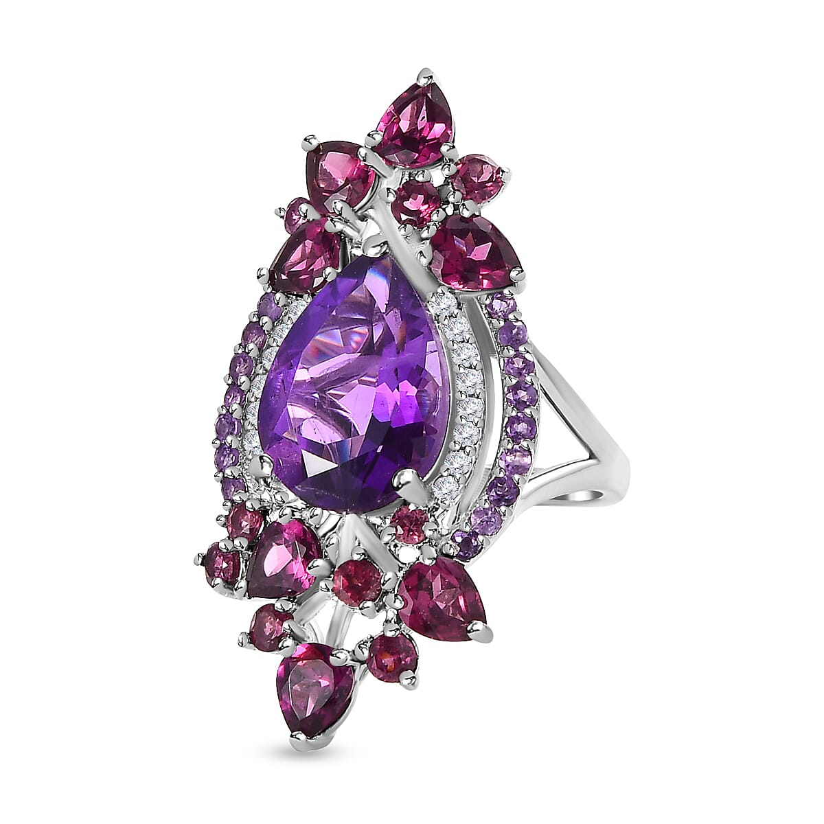 Amethyst, Rhodolite Garnet and Natural Zircon Ring in Platinum Overlay Sterling Silver 8.57 Ct 7537582 0