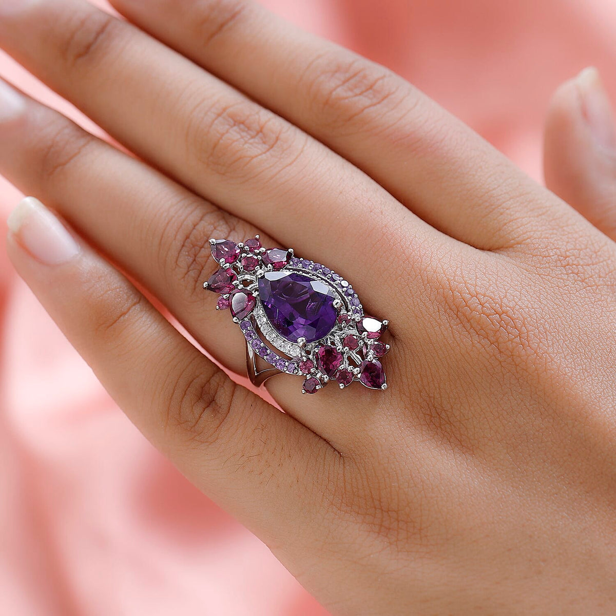 Amethyst, Rhodolite Garnet and Natural Zircon Ring in Platinum Overlay Sterling Silver 8.57 Ct 7537582 2