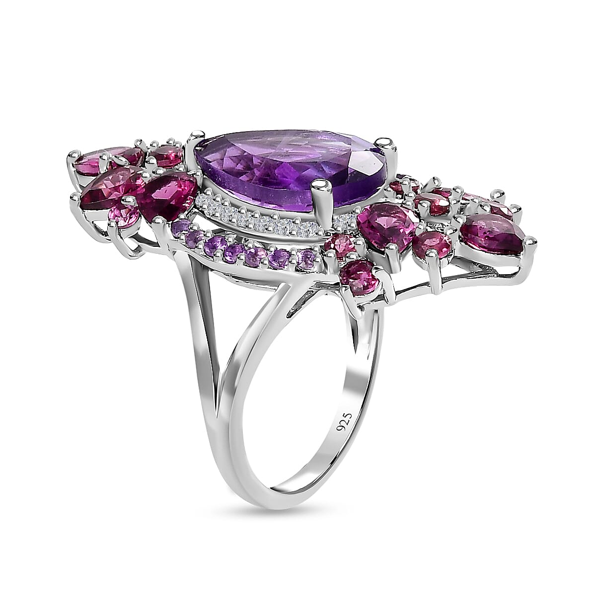 Amethyst, Rhodolite Garnet and Natural Zircon Ring in Platinum Overlay Sterling Silver 8.57 Ct 7537582 3