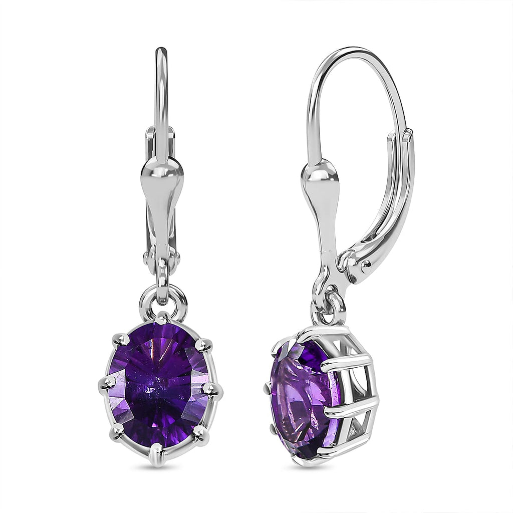 TJC Launch Concave Cut Amethyst Lever Back Earrings in Platinum Overlay Sterling Silver 3.55 Ct.
