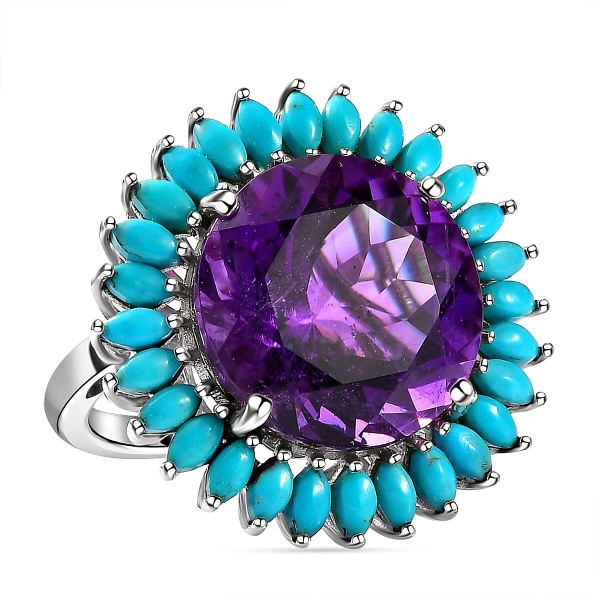 Amethyst and Arizona Sleeping Beauty Turquoise Floral Ring in Platinum Overlay Sterling Silver 7266337 1