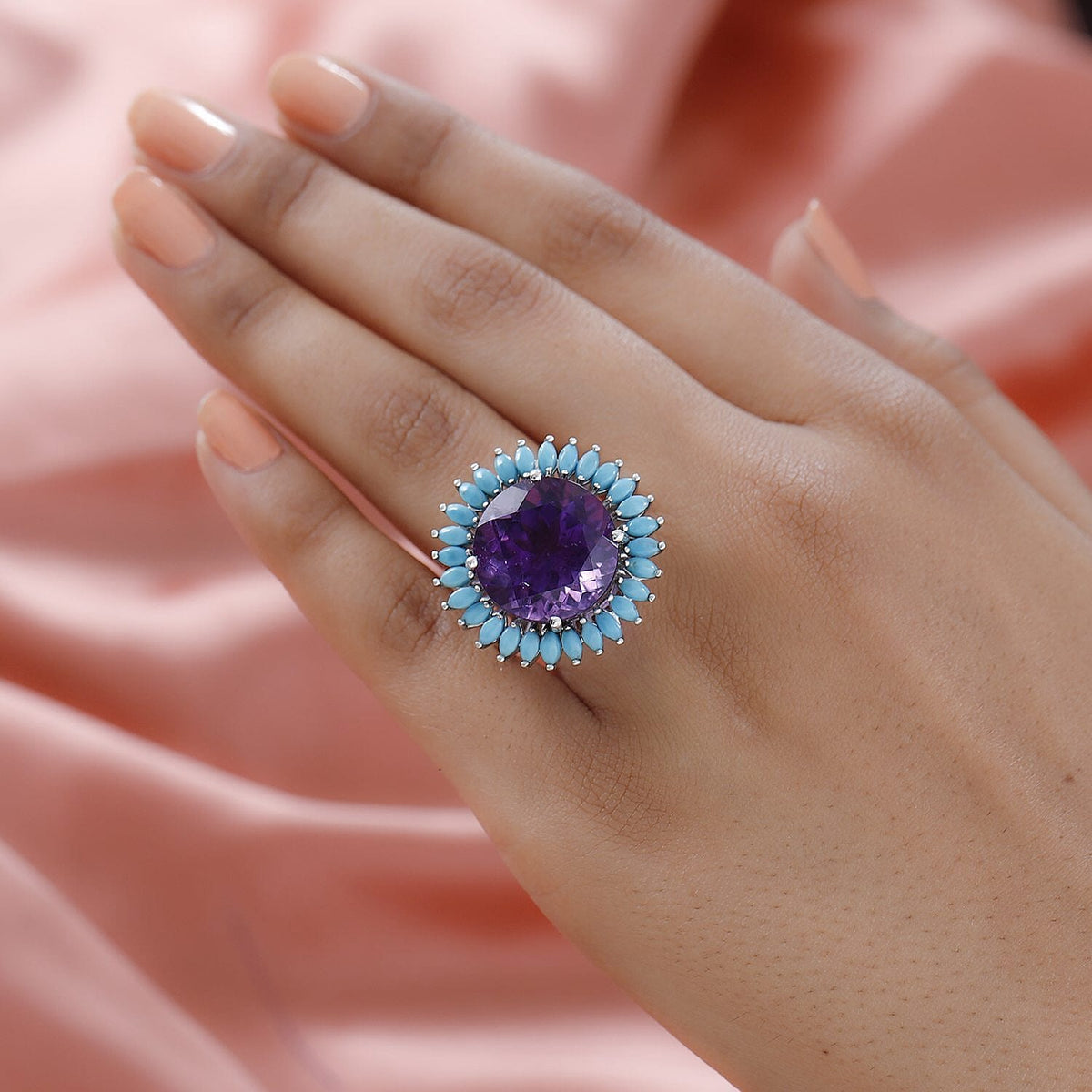 Amethyst and Arizona Sleeping Beauty Turquoise Floral Ring in Platinum Overlay Sterling Silver 7266337 5